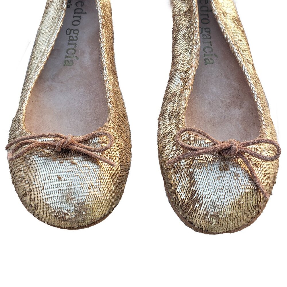 Pedro Garcia Greta Ballet Flats 38.5 Gold Lame Leather Shoes Bows Round Toe - Picture 2 of 9